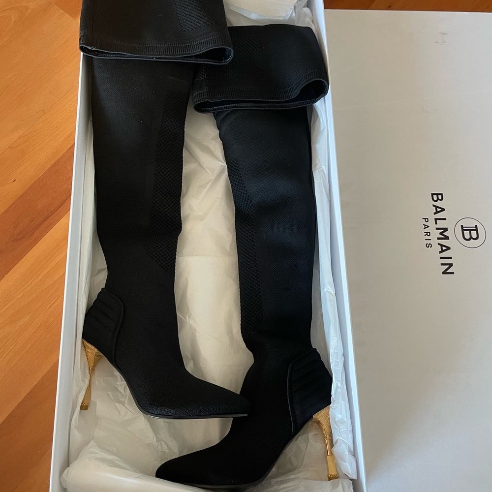 BALMAIN Moneta Knit Thigh High Black Heeled Boots Size 6 Leather Sole NIB
